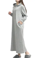 [MORE AUNI] ルームウェア ワンピース レディース 長袖 裏起毛 パジャマ 部屋着 フード付き パーカー マキシ丈 ロング丈 暖かい カジュアル ポケット付き 伸縮性 ストレッチ 綿混 ポリエステル 着やすい 動きや [グレー / 8224] [L]