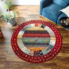 イケヒコ ラグ カーペット ウィルトン 織り 絨毯 輸入ラグ 円形 単品 イビサ レッド 約160cm丸 厚み 約11mm トルコ製 抗菌 防臭 消臭 へたりにくい 耐久性 リビング ワンルーム 洗濯不可 ギャベ柄 おしゃれ ふかふか かわいい #132037