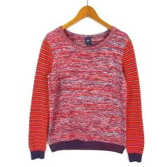 ギャップ GAP ニット セーター 総柄 マルチボーダー 切替 コットン 長袖 XS 赤 レッド マルチカラー