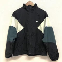 RUSSELL ATHLETIC 配色ナイロンジャケット 隠しフード付き 裏起毛 ブラック×グリーン×ホワイト M