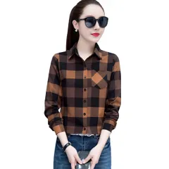 [レグエイト] レディース チェックシャツ 長袖 前開き ネルシャツ ビックシルエット 綿 体型カバー 羽織り ゆったり 韓国風 カジュアル オールシーズン (JP, アルファベット, XL, ブラウン×ブラック) [ブラウン/ブラック] [XL]