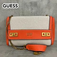 GUESS ゲス ショルダーバッグ ハンドバッグ 2way キャンバス レザー オレンジ ホワイト 白 ゴールド チェーン バイカラー カデナ付 鍵 ターンロック スクエア 斜め掛け 肩掛け ★ ■■