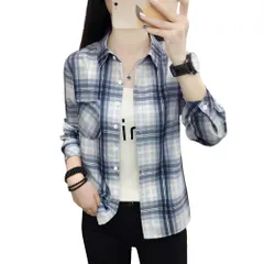 [レグエイト] レディース チェックシャツ 長袖 前開き ネルシャツ ビックシルエット 綿 体型カバー 羽織り ゆったり 韓国風 カジュアル オールシーズン (JP, アルファベット, L, ブルー×ホワイト) [ブルー/ホワイト] [L]