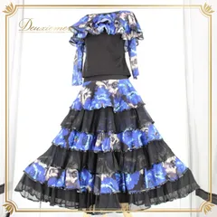 社交ダンス 衣装 スタンダード 上下セット ツーピース レッスンウェア パーティ衣装 青 黒 Leirena レイリーナ ブラック系 ブルー系 花柄 フリル 薄手 伸縮性 高品質 スカート ティアード 重量感 ウエストゴム フラワープリント スタイリッシュ
