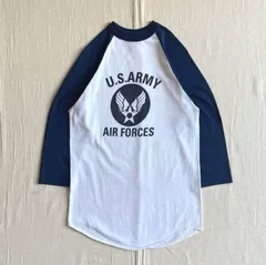 00s　archive　アーカイブ古着　メキシコ製　AUGASTA SPORTSWEAR　S.W.U　US ARMY　AIR FORCES　ミリタリーロゴ　染み込みプリント　ラグランスリーブTシャツ　7分丈　ホワイト×ネイビー　一点物　S　Y2K　グランジ