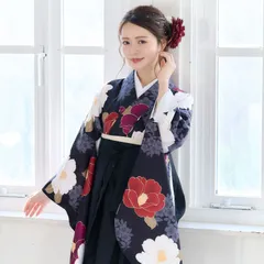 新品 袴4点セット 卒業式 小学生 から 大学生 SS S M L LL  卒業式 謝恩会 ブラック 黒 ワントーン 椿柄 二尺袖着物 下帯 袴 はかま 華やか かわいい 3色重ね椿(黒地) 28BK