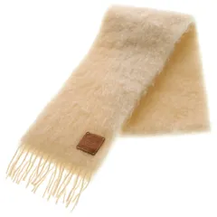 LOEWE (ロエベ) アナグラムロゴ レザーロゴパッチ モヘアニット フリンジ マフラー アイボリー