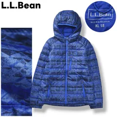 【極暖】 エルエルビーン L.L.Bean フーデット キルティング ダウン ジャケット ジップアップ パーカー ナイロン ジャンパー ダウンテック DOWNTEK 刺繍 ロゴ XL 18 総柄 ネイビー キッズ レディース ♪