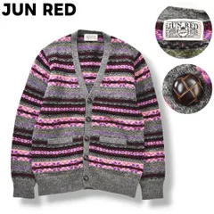 【美品】 ジュン レッド JUN RED ウール カーディガン ニット セーター ミドルゲージ くるみボタン 2 ノルディック柄 マルチカラー デザイナーズ モード カジュアル DCブランド メンズ