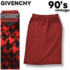 【高級】 90s ヴィンテージ 日本製 ジバンシー GIVENCHY ミディ丈 ウール ストレート スカート 総裏地 10 1 ／ 2 千鳥格子柄 レッド ラグジュアリー エレガント レトロ シティールック レディース ♪