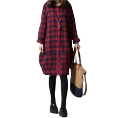 [Quikaboo] ワンピース シャツ チェック柄 シャツワンピース ロング 長袖 レディース シャツワンピ ゆったり 秋 冬 春 ロングシーズン 体型カバー (レッド, M) [レッド] [M]