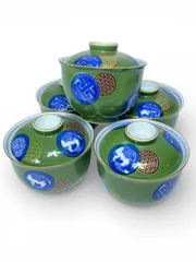 彩窯 銘 蓋付汲出碗 5客揃 有田焼系 緑地 丸紋 金彩 色絵 煎茶碗 茶器 和食器 セット