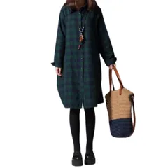[Quikaboo] ワンピース シャツ チェック柄 シャツワンピース ロング 長袖 レディース シャツワンピ ゆったり 秋 冬 春 ロングシーズン 体型カバー (グリーン, L) [グリーン] [L]
