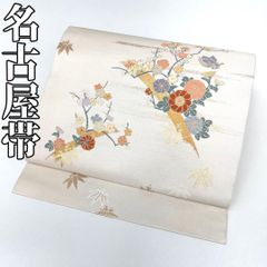 ZY-1002 名古屋帯 九寸 箔 孔雀の羽 七宝繋ぎ 牡丹 金銀糸 箔散らし 