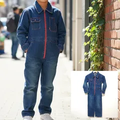 スタイリッシュ◎【BOO HOMES】ブーホームズ つなぎ デニム ジーンズ オールインワン ジャンプスーツ ヘリンボーン ストライプ 刺繍 男の子 女の子 アメカジ コットン 綿 100% キッズ 子ども サイズ 130 /M40386ja