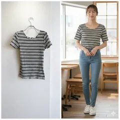 美品✨ バックス Backs カットソー リブカットソー ボーダー 白 黒 ブラック ホワイト モノトーン バックデザイン ツイスト 背中クロス 背中開き 背中見せ ストレッチ 伸縮性 タイト コンパクト きれいめ 大人 カジュアル 小さめ