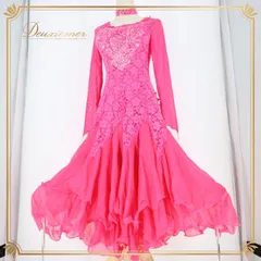 社交ダンス 衣装 スタンダード ドレス ワンピース パーティ衣装 ステージ衣装 Leirena レイリーナ ピンク系 花柄 レース チョーカー 派手 エレガント 女性用 余興 発表会 フリル 着やすい 体型カバー レディース 特別な日 ラインストーン付き