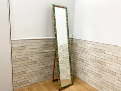 ◆英国調 ボタニカル柄 アンティーク スタンドミラー 全身鏡 壁掛け 立て掛け 花柄 ウォールミラー 鏡 昭和レトロ 木製 ゴールド×グリーン系(畑1232)