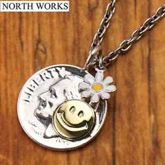 【新品】ノースワークス NORTH WORKS  フラワー コインネックレス ペンダント スマイルマーク ニコちゃん チェーン付き（50cm） ヴィンテージ10セント銀貨 ダイム硬貨 リバティーコイン ルーズベルト大統領 シルバー日本製 N-660A【正規品】