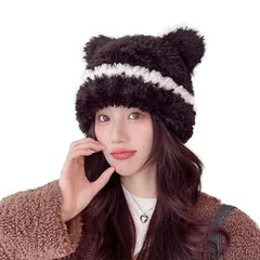 [レリカ] 猫耳 耳付き ニット帽 カジュアル ふんわり ゆったり ふわふわ ニットキャップ 防寒 暖かい 帽子 レディース (JP, アルファベット, Free Size, ブラック) [ブラック] [Free Size]