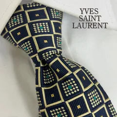 《美品》YVES SAINT LAURENT (イヴサンローラン) シルクネクタイ 総柄 格子 ネイビー イエロー グリーン