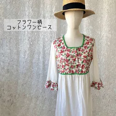 70s風 花柄 切替 コットン ワンピース｜フラワープリント グリーントリム ヴィンテージ ロングワンピース