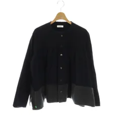 プランテーション plantation ウール切替ギャザーノーカラーブラウス 長袖 前開き コットン M 紺 グレー /NR ■OS