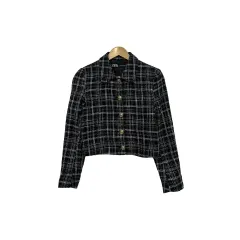 85 ZARA ザラ ブラック CHECK チェック ツイード レディース クロップド ジャケット