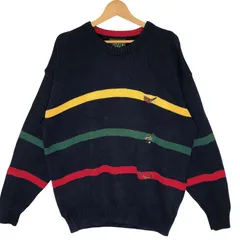 Jantzen/ジャンセン 90年代ヴィンテージ/90's ゴルフ スポーツ ボーダー コットンニット ニット セーター 長袖 ワンポイント刺繡 オーバーサイズ ビッグシルエット USA製 XLサイズ ネイビーのサムネイル