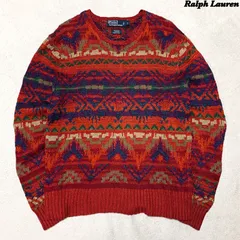 POLO by Ralph Lauren HAND KNIT ハンドニット 総柄 ネイティブ柄 ジャガード シルク リネン Lサイズ コットンニット セーター マルチカラー ポロバイラルフローレン
