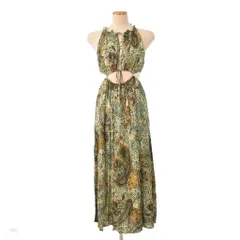 ザラ ZARA ワンピース ドレス ノースリーブ ロング フレア 総柄 S 緑 グリーン ■FY