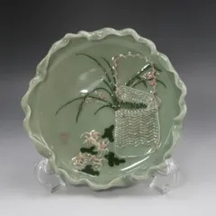 Seto ware】瀬戸焼 加藤春花 作 手練り青磁 蟹紋皿 陶磁器 _ 骨董品