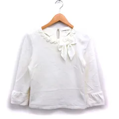 ストロベリーフィールズ STRAWBERRY-FIELDS リボン付き ニット プルオーバー 半端袖 無地 ウール混 起毛 ホワイト 白 /FT4