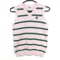 【美品】ジャックバニー ニットベスト ライトピンク×グリーン ボーダー調 コットン100％  レディース 1(M) ゴルフウェア Jack Bunny