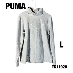 PUMA ライトグレー フーディー L シンプル プリント パーカー プルオーバー ロゴ プリント 古着 TK11920