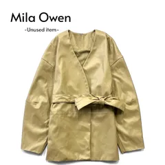 未使用品 Mila Owen ミラオーウェン ノーカラー袖ボリュームダブルレザージャケット フェイクレザー ベルト付き 0 ベージュ 09WFJ214005 ★M167