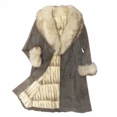 フォックスファー レザー コート ジャケット ロング丈 リアルファー 本毛皮 アウター サイズM グレー レディース 【中古】