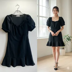 美品✨ ナディア NADIA ミニ ワンピース レディース 小さめ Aライン 半袖  パフスリーブ フリル フレア フェミニン きれいめ 大人可愛い シンプル 上品 デート コーデ お出かけ コーデ 春秋 コーデ 黒 ブラック