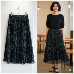 美品✨ ジーユー GU ロング スカート プリーツ 小花柄 総柄 フラワー プリント ブラック 黒 シアー 透け感 軽やか素材 ウエストゴム 総ゴム 楽ちん 体型カバー フェミニン 大人可愛い きれいめ カジュアル オフィス カジュアル