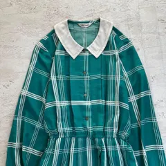 昭和レトロ切り替え襟付きグリーンチェック柄長袖ロングワンピースフリーサイズ