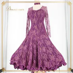 社交ダンス 衣装 スタンダード ドレス ワンピース パーティ衣装 オールシーズン Leirena レイリーナ 紫 パープル系 チョーカー レース ディープパープル 花柄 レースドレス フロアロング 丸首 ロングスリーブ フィット感 ストレッチ素材