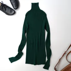 ◯ Spick & Span スピックアンドスパン シアーリブニット タートル ハイネック プルオーバー ウール混 Free グリーン 緑(100K＋9847)25F