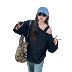 [レグエイト] オフショルダー Y2K スウェット レディース ワンショルダー トップス 肩見せ 長袖 プルオーバー 秋 冬 カジュアル 大人 かわいい 抜け感 (JP, アルファベット, L, ブラック) [ブラック] [L]