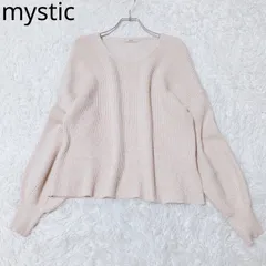 ミスティック　ニット　ドルマンスリーブ　プルオーバー　リブ編み　Vネック　ゆったり　クロップド丈　エレガント　フェミニン　ベージュ系　Fサイズ