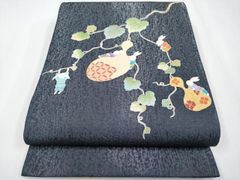 単衣にも 西陣織刺繍入り九寸名古屋帯 蛙 カエル【綿芯仕立付】こげ茶