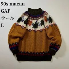 90s macau GAP　総柄　ノルディック柄　ALL PURE WOOL　ハイネック　ニット　セーター　ギャップ　オレンジ　ブラウン　L 古着