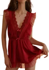 3MDGHD ベビードール フリル レース Vネック セクシー ランジェリー 下着 上下 セット Tショーツ シースルー かわいい 人気 レディース スリット リボン スリップ キャミソール (レッド,  Free Size)