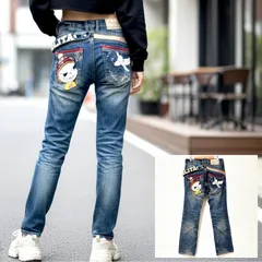 レア◎韓国発ブランド!【LOLITA JEANS】ロリータ ジーンズ デニム パンツ サガラ 刺繍 スリム 細身 スキニー ストレート リメイク ワッペン ダメージ ヴィンテージ 加工 奈良美智 おしゃれ ギャル ブルー レディース XXS /M40145SS
