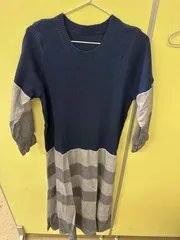 レディース ニットワンピース 配色デザイン ボーダー 切り替え 七分袖 クルーネック ロング丈 カジュアル 秋 冬 ko1