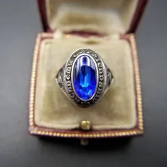 LGB BALFOUR社製 米国 ヴィンテージ クラブリング ACADEMY OF FRIENDSHIP ロングオーバル 925 シルバー 銀 指輪 青石 存在感 Y13-G